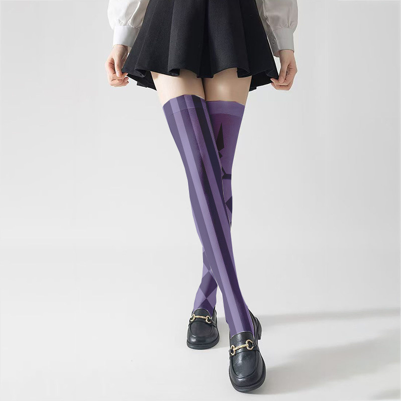 Purple Striped Gothic Geometric Pattern Thigh High Socks